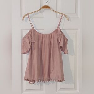 Lush Off Shoulder Ruffle Sleeve Pom Pom Hem Blouse Pin Top Size Small NWT